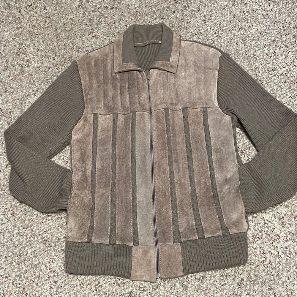 Vintage 70s/80s Men's Brown Suede and Knit zip front Sweater coat